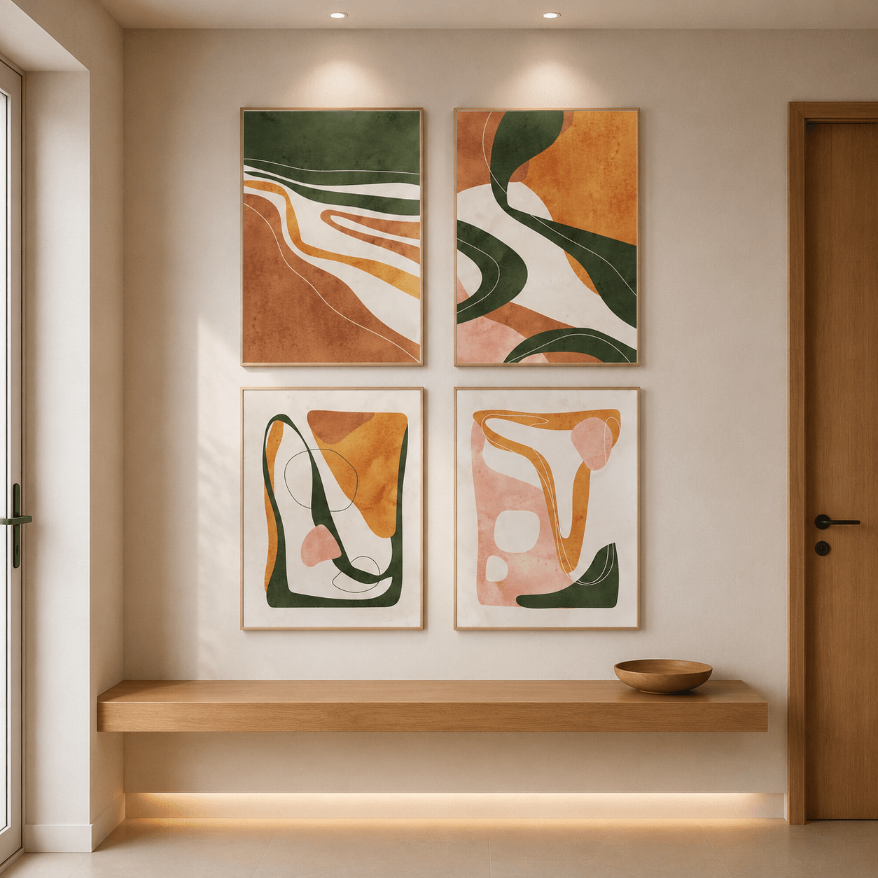 KIT 4 QUADROS DECORATIVOS - ABSTRATO VERDE LARANJA E ROSA